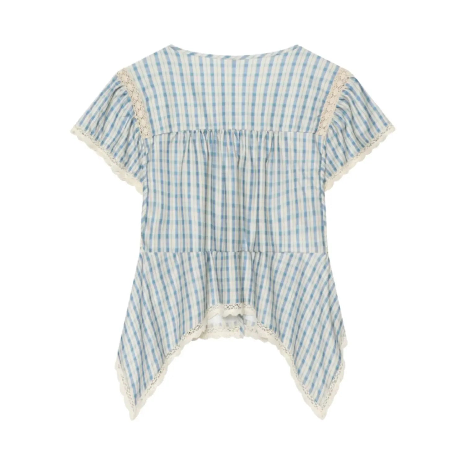 Complete flat back view of gingham blouse, back yoke shirring, flutter lace sleeves, uneven handkerchief hem with scalloped lace edging