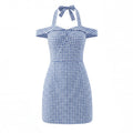 Blue white gingham halter off shoulder mini dress front plain white flat lay, center bust shirring folded flutter off shoulder sleeves adjustable halter tie bow high waist slim A-line skirt vintage cottagecore dress main hero shot