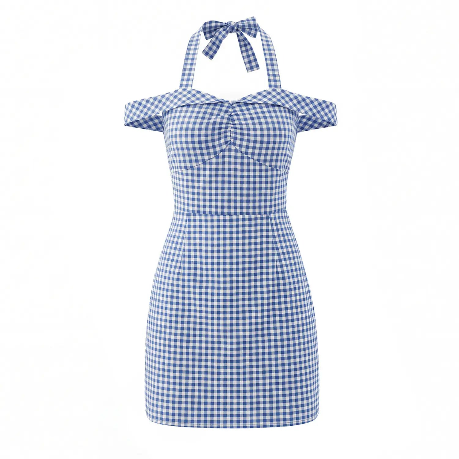 Blue white gingham halter off shoulder mini dress front plain white flat lay, center bust shirring folded flutter off shoulder sleeves adjustable halter tie bow high waist slim A-line skirt vintage cottagecore dress main hero shot