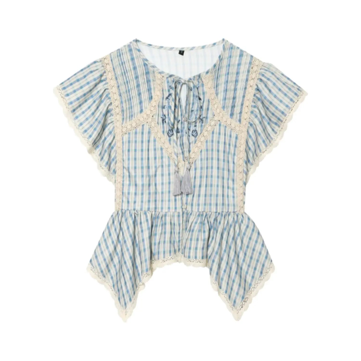 Studio white background full front shot of blue gingham peplum blouse, keyhole neck with tassel tie, floral embroidery, hollow lace panels, flutter cap sleeves, asymmetrical handkerchief hem