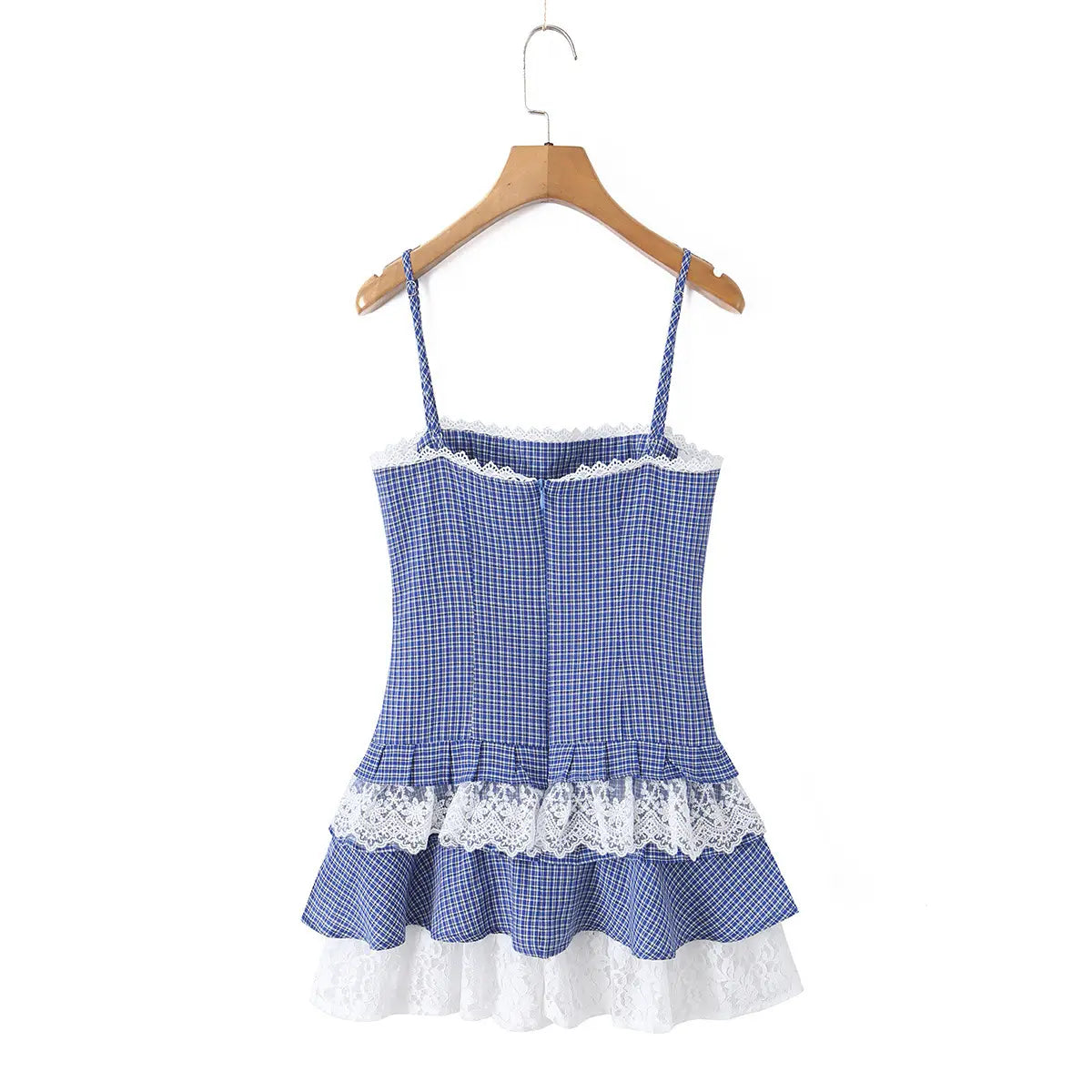 Blue gingham cami tiered dress with lace trim, hanging on wooden hanger, full back view