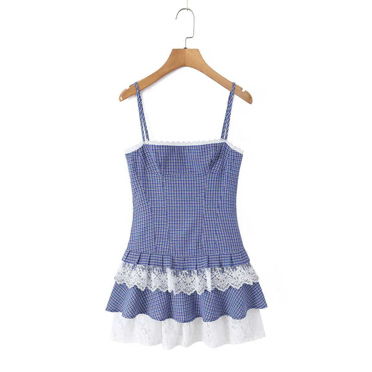 Blue gingham cami tiered dress with lace trim, hanging on wooden hanger, front view