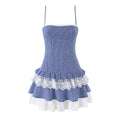 Blue gingham cami tiered mini dress with lace trim, full front view on white background