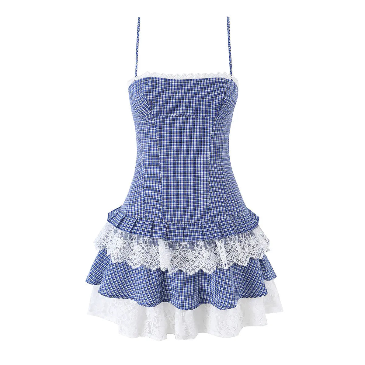 Blue gingham cami tiered mini dress with lace trim, full front view on white background