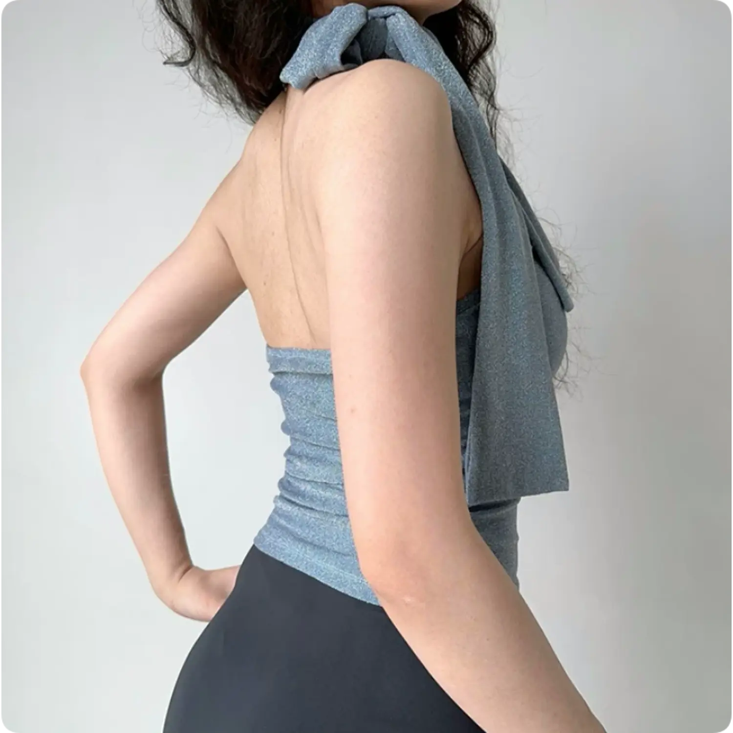 Back profile shimmer blue strapless top, big bow wrap choker open back ruched slim glitter cropped women tank