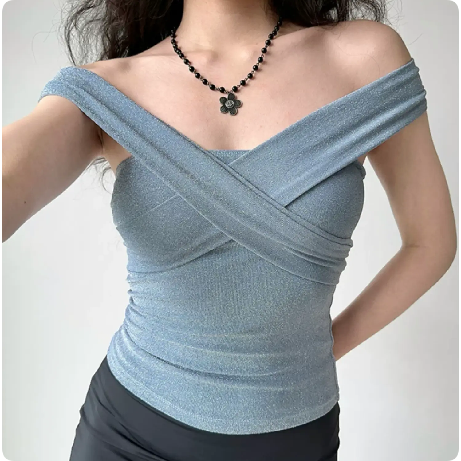Two way wear glitter blue tube top, cross wrap off shoulder or strapless slim stretch cropped women club cami