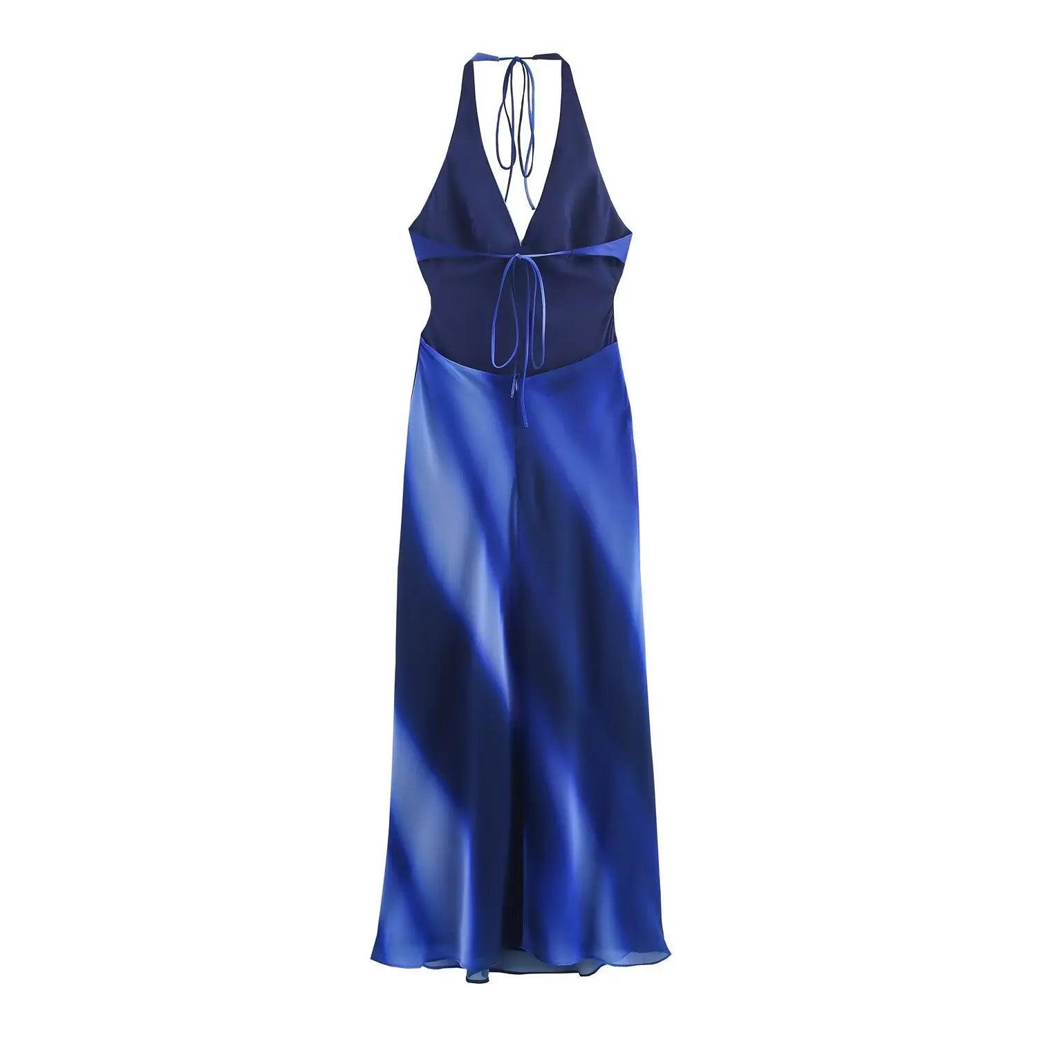Flat lay back view of blue gradient halter maxi dress, dual tie‑back detail, open back, side cut‑outs, long flowing maxi skirt