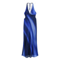Flat lay front view of blue gradient halter maxi dress, deep v neck, side cutout, tie‑back halter straps, flowing mermaid silhouette