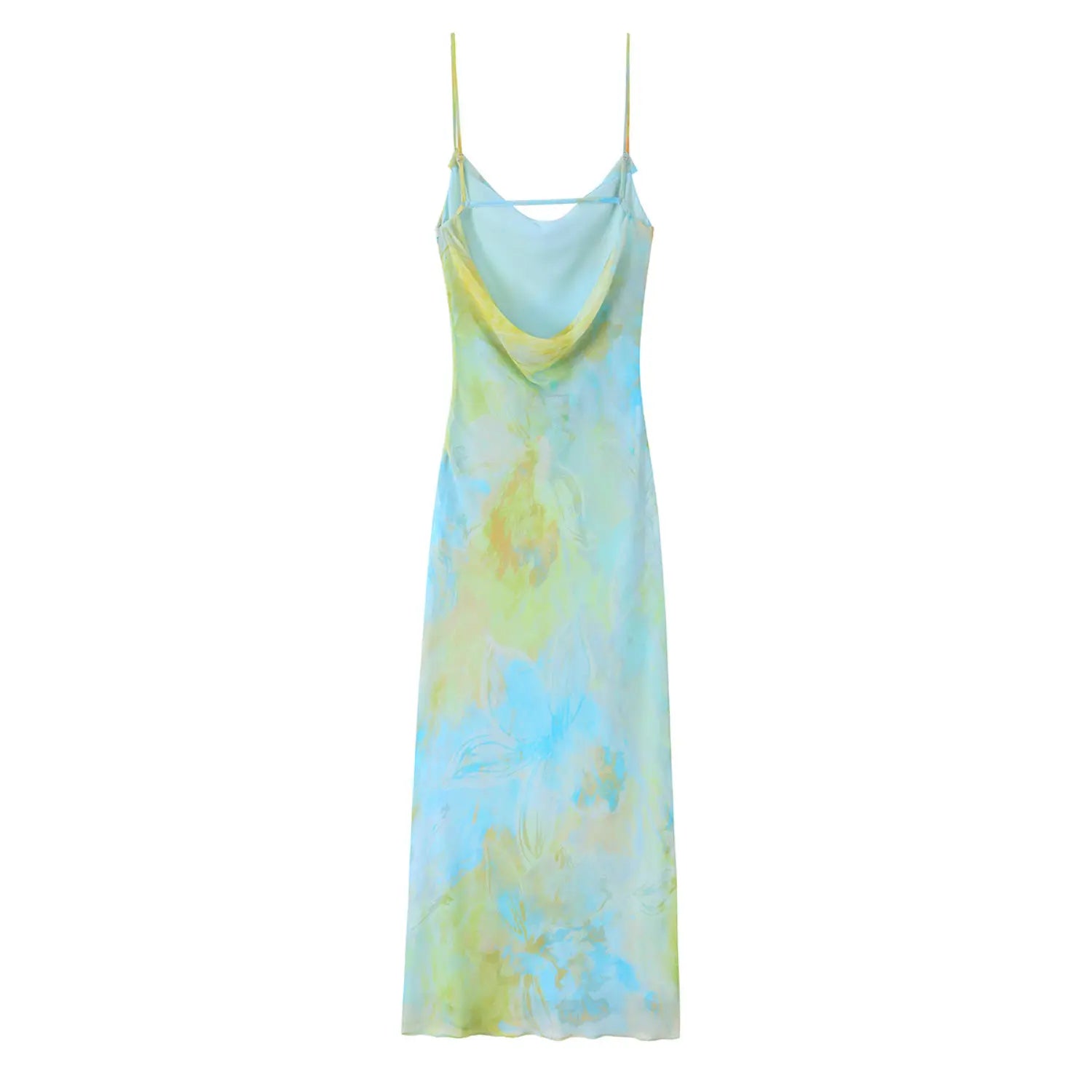 Back view isolated white background, blue green watercolor floral slip midi dress with cowl back design and adjustable straps