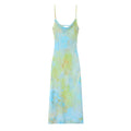 Front view isolated white background, blue green watercolor floral cowl neck slip midi dress with thin adjustable spaghetti straps