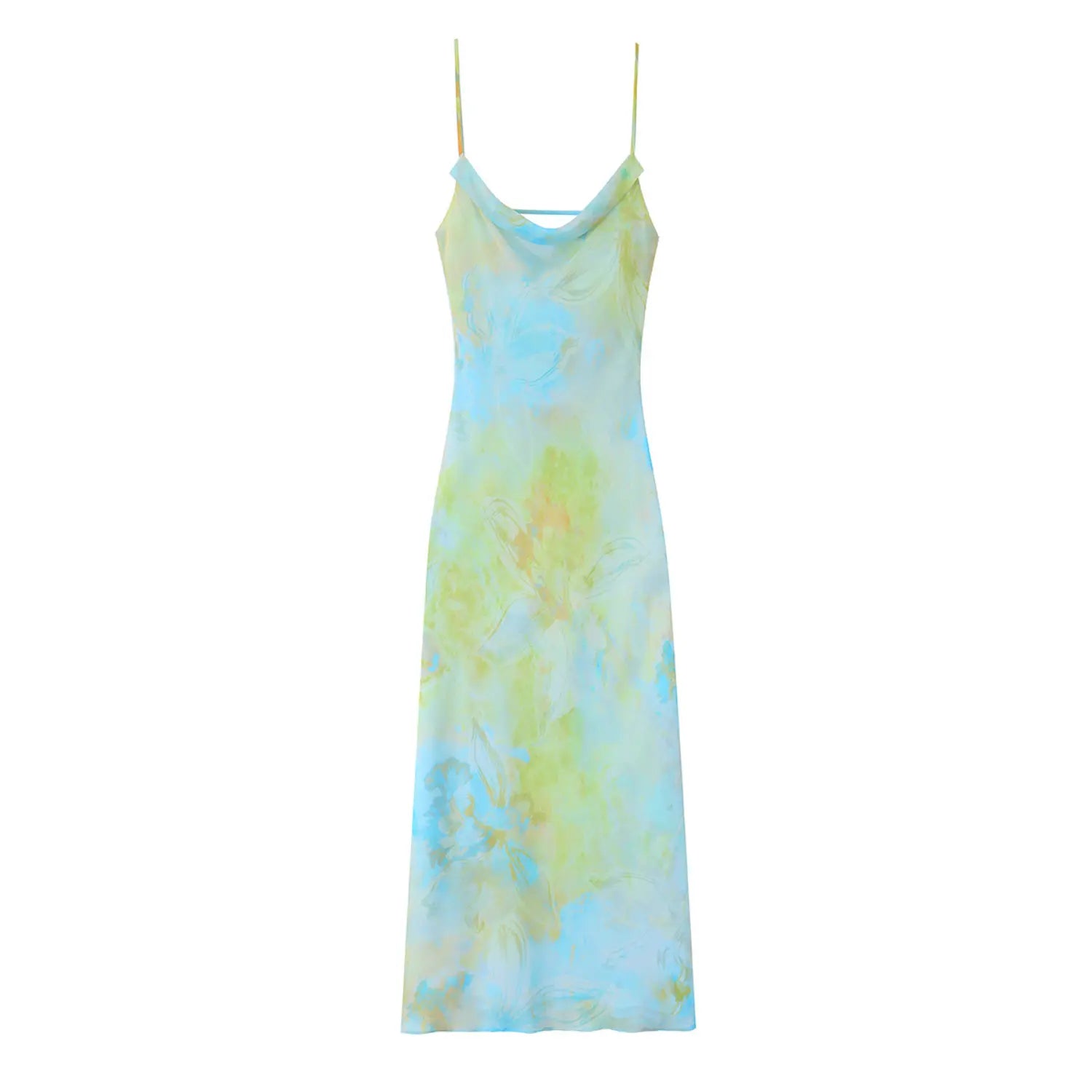 Front view isolated white background, blue green watercolor floral cowl neck slip midi dress with thin adjustable spaghetti straps
