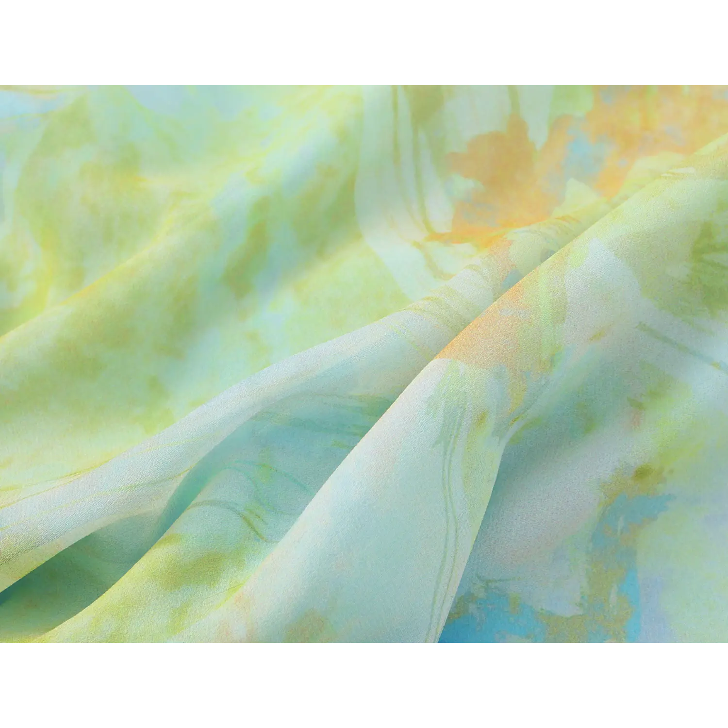 Close-up texture shot of lightweight chiffon fabric for blue green watercolor floral slip dress