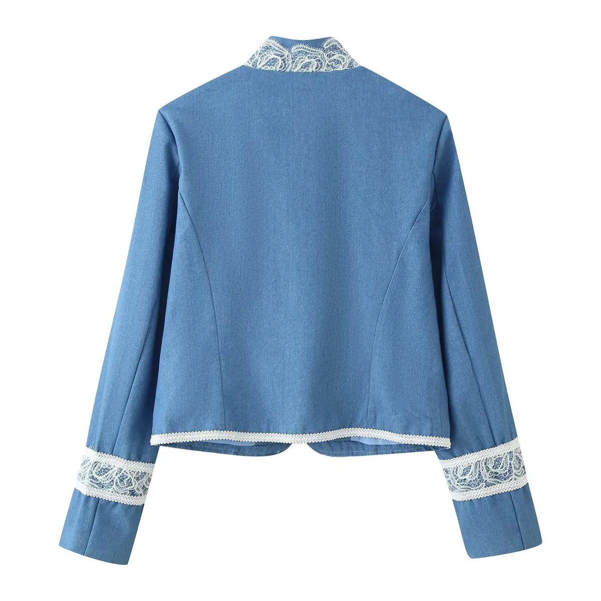 Back view of blue cropped military jacket, clean solid back with white lace trim on collar and cuffs