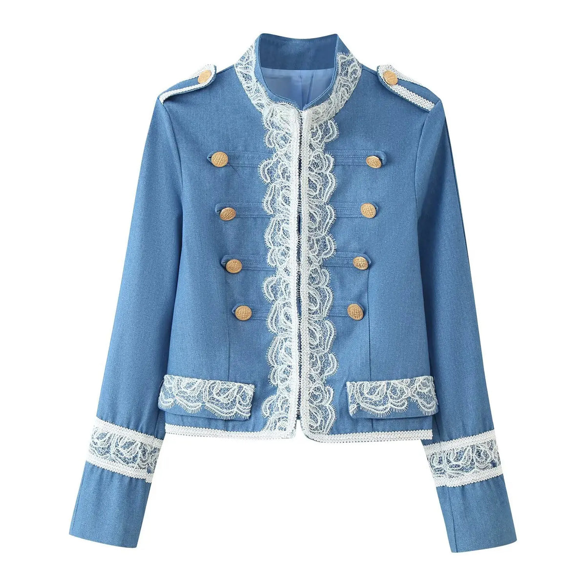 Front view of blue cropped military style jacket, decorated with white lace trim and vintage gold double breasted buttons, stand collar