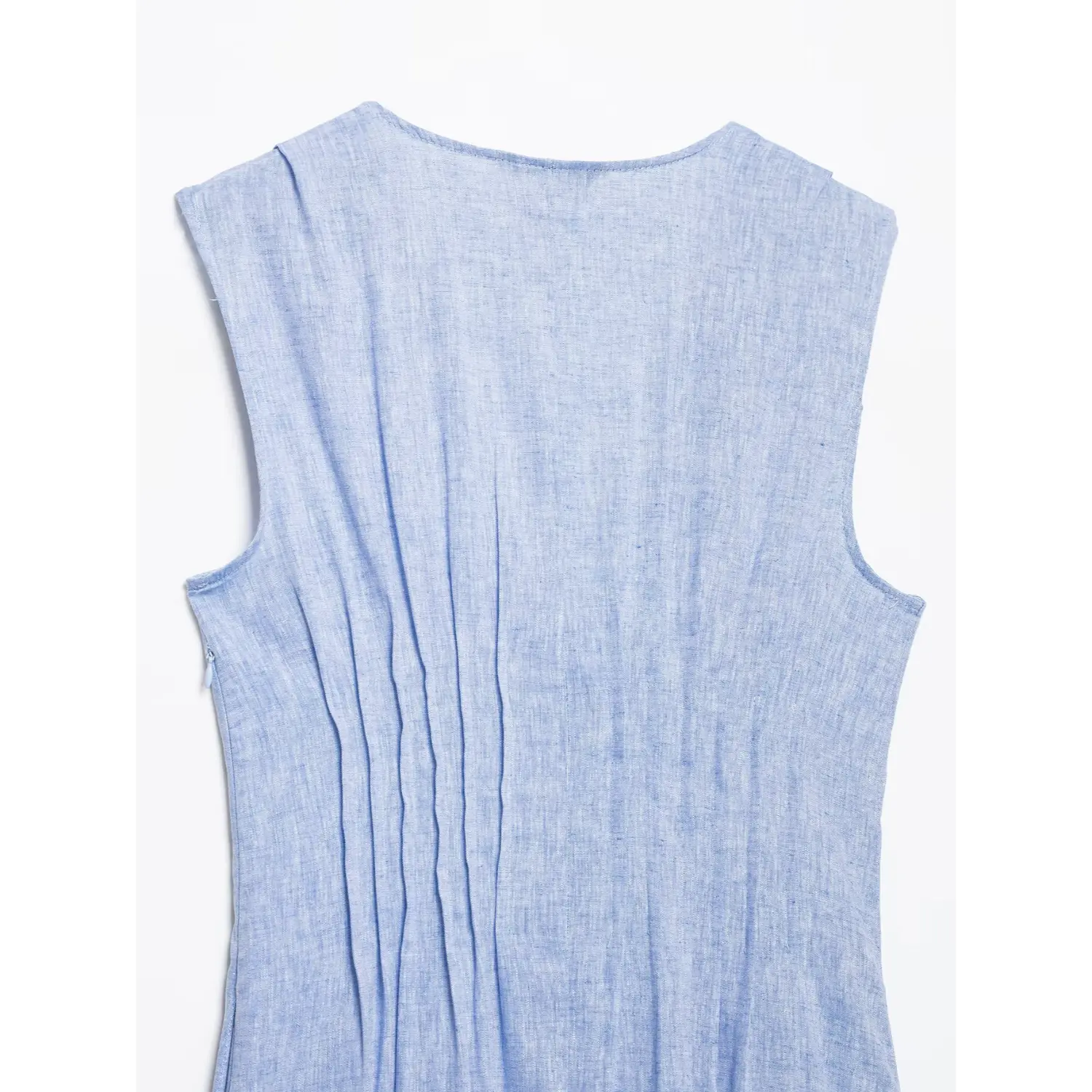 Flat lay upper back view blue linen sleeveless maxi dress, vertical pleated stitching across back torso