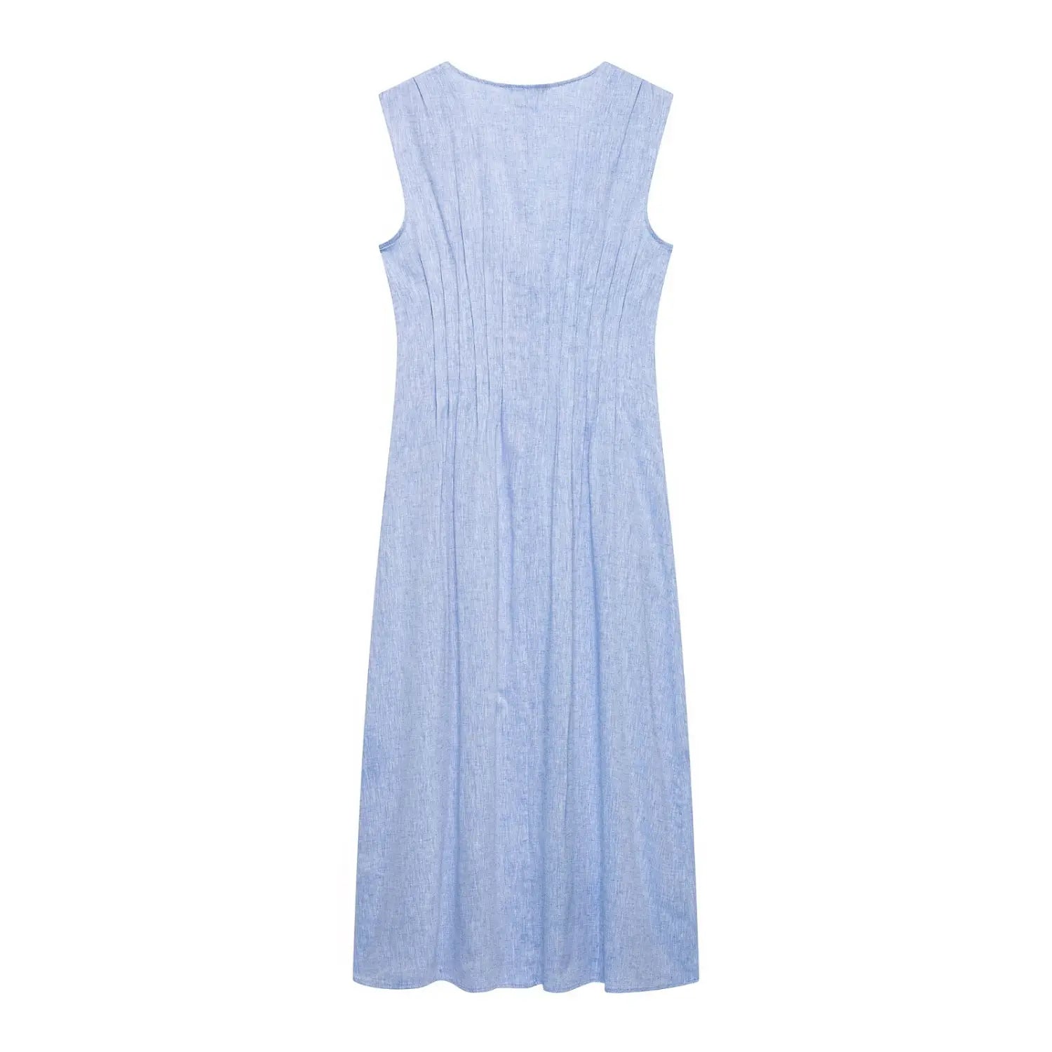 Flat lay back view blue linen sleeveless long dress, vertical pleated back stitching detail