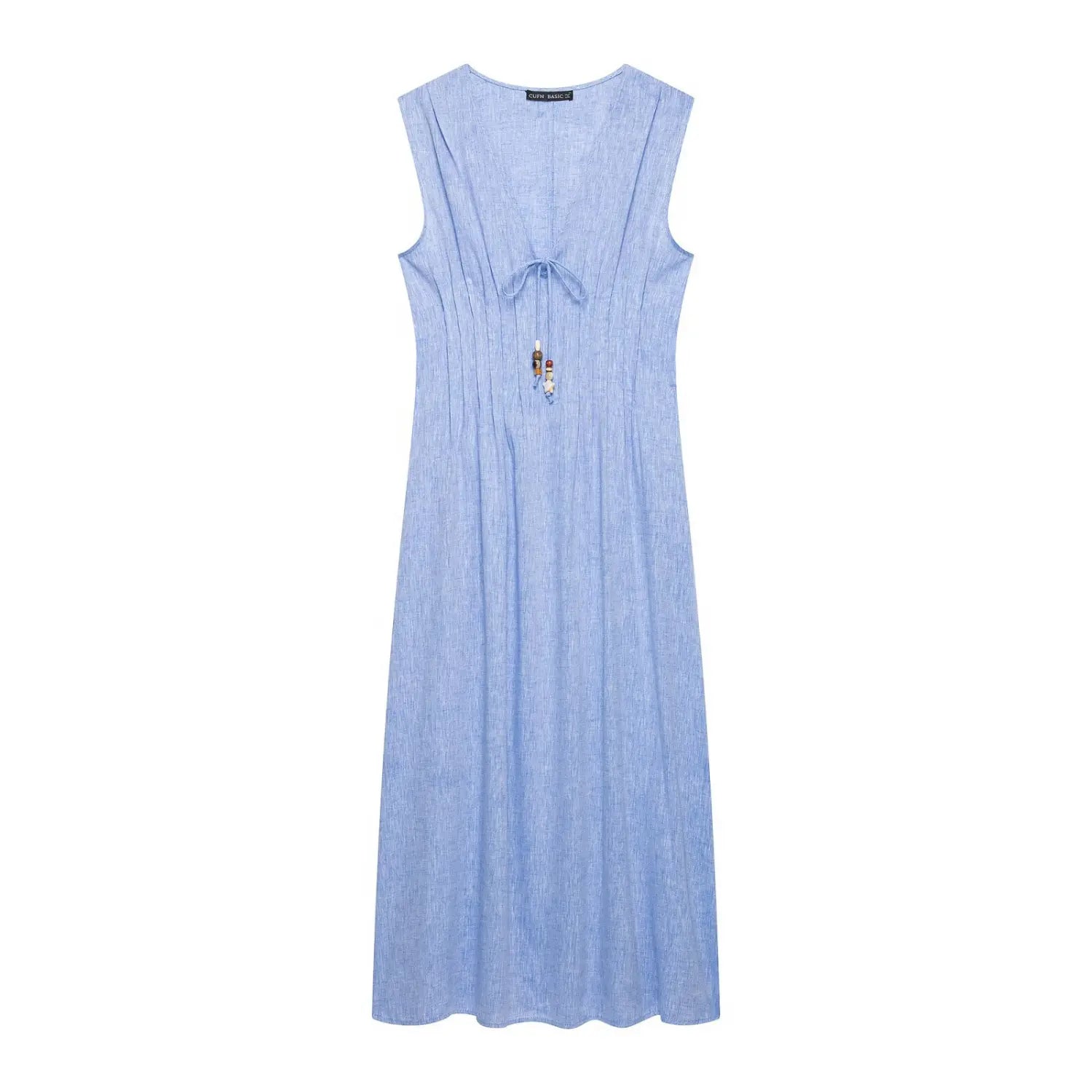 Flat lay front view blue linen sleeveless maxi dress, v‑neck tie with wooden bead tassel detail