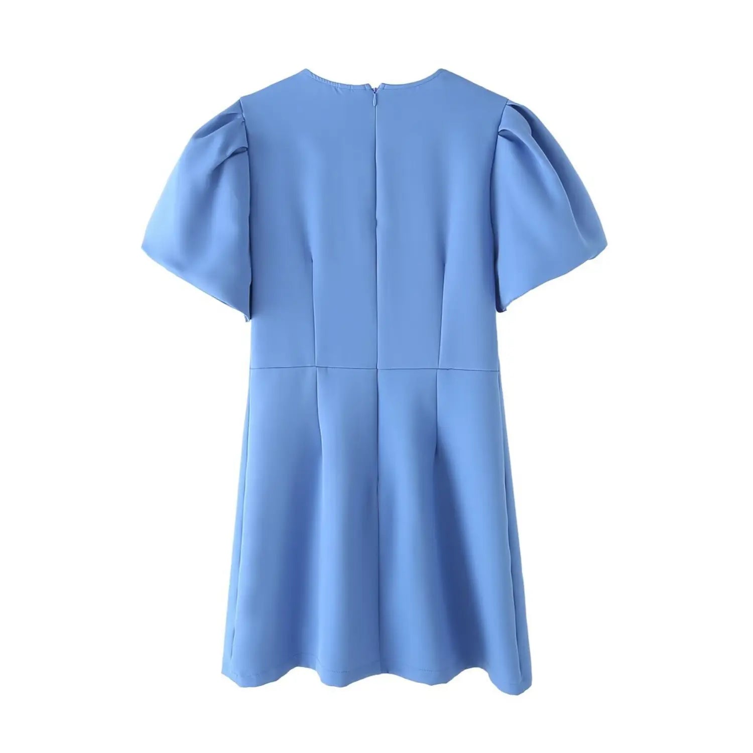 Flat lay back view of blue mini dress, center back invisible zipper, puff short sleeves and tailored seam details