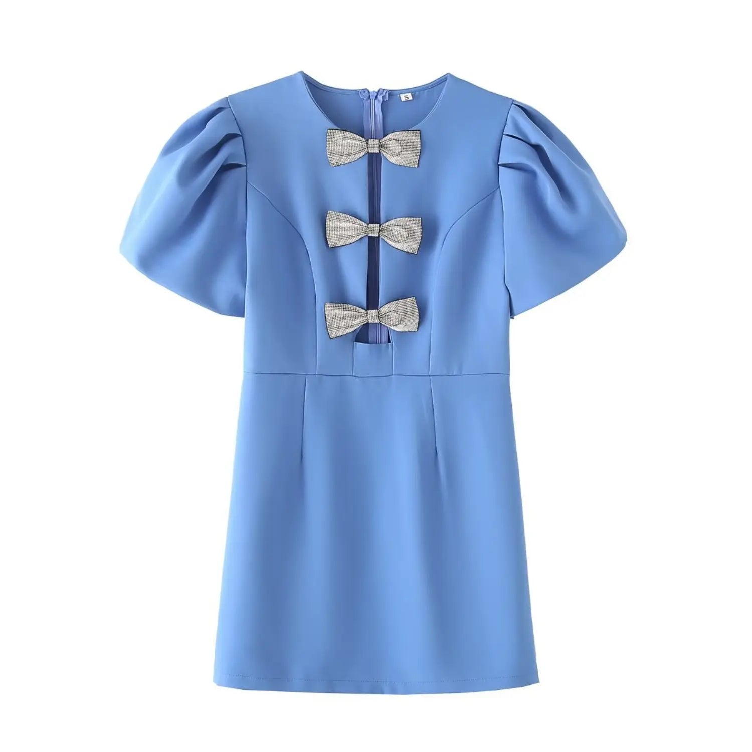 Flat lay front view blue mini dress with three sparkling rhinestone bow appliques, puff short sleeves, round neckline