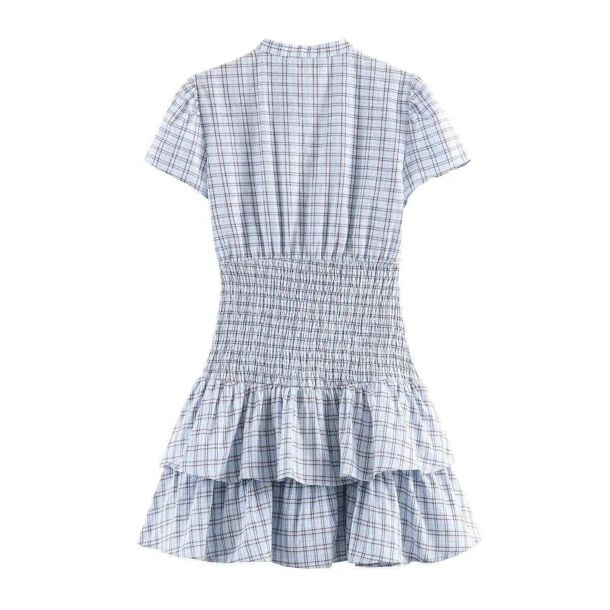 Back view of a light blue plaid dress with short puff sleeves, a smocked waist, and a tiered ruffled hem.