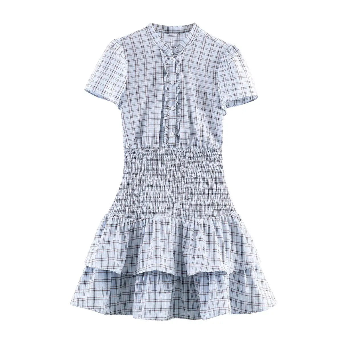 Front view of the dress, showing the mandarin collar, button placket with ruffled trim, and tiered skirt.
