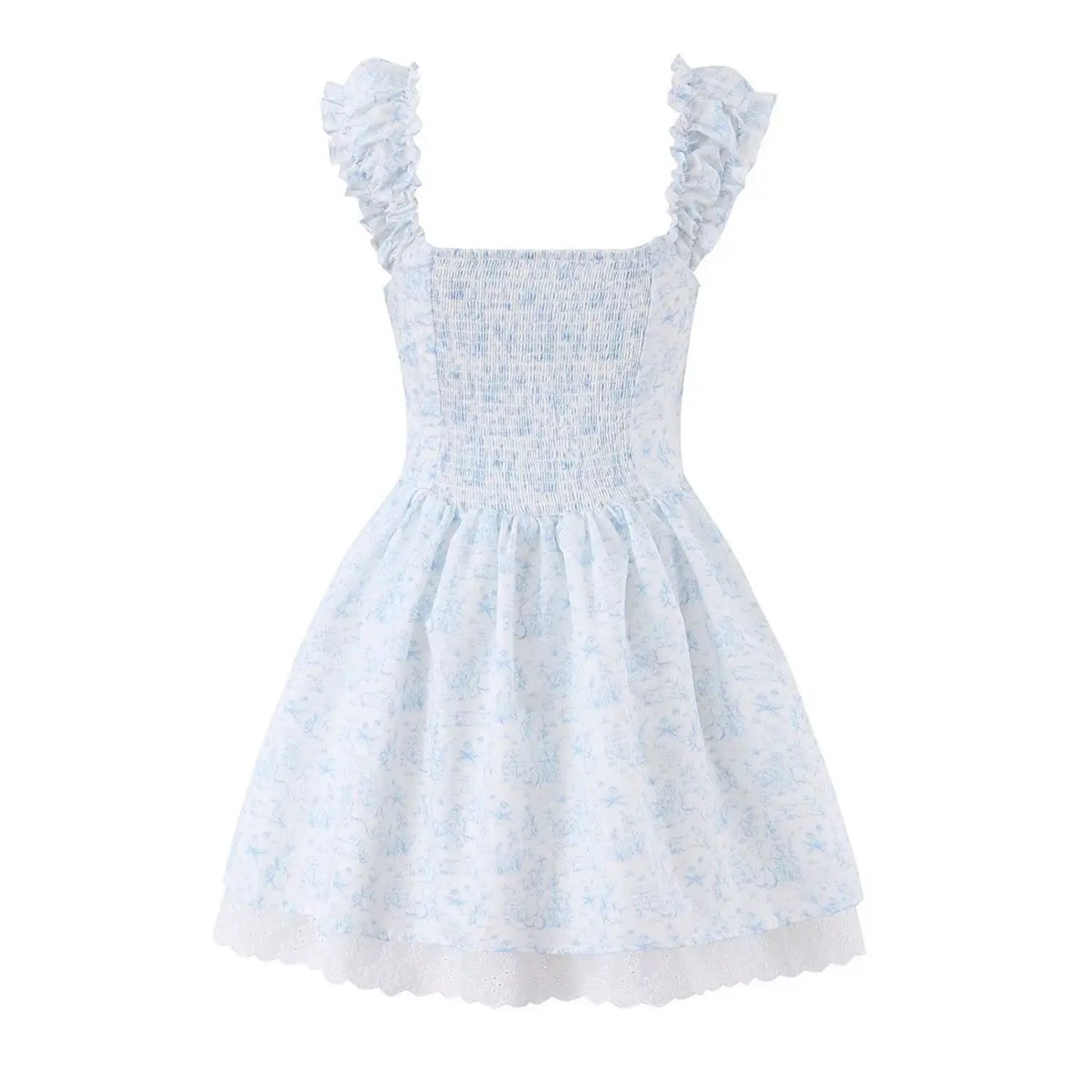 Full back flat lay mini dress, full wide elastic smocked back panel, ruffle frill shoulder straps, matching white blue rabbit wildflower print, flared lace hem skirt