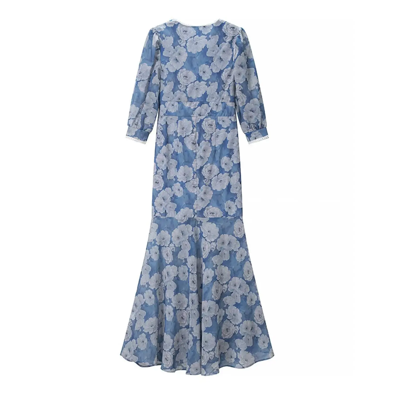 Complete back flat view, full length mermaid skirt, center back hidden zipper, allover large watercolor rose floral print
