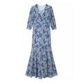 Full front flat lay main shot, navy base pale big rose print maxi dress, deep V white lace piping, gathered bust, three-quarter balloon sleeves, ruffle mermaid hem