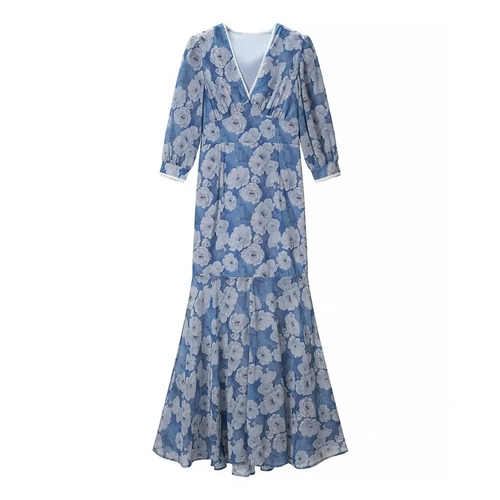 Full front flat lay main shot, navy base pale big rose print maxi dress, deep V white lace piping, gathered bust, three-quarter balloon sleeves, ruffle mermaid hem