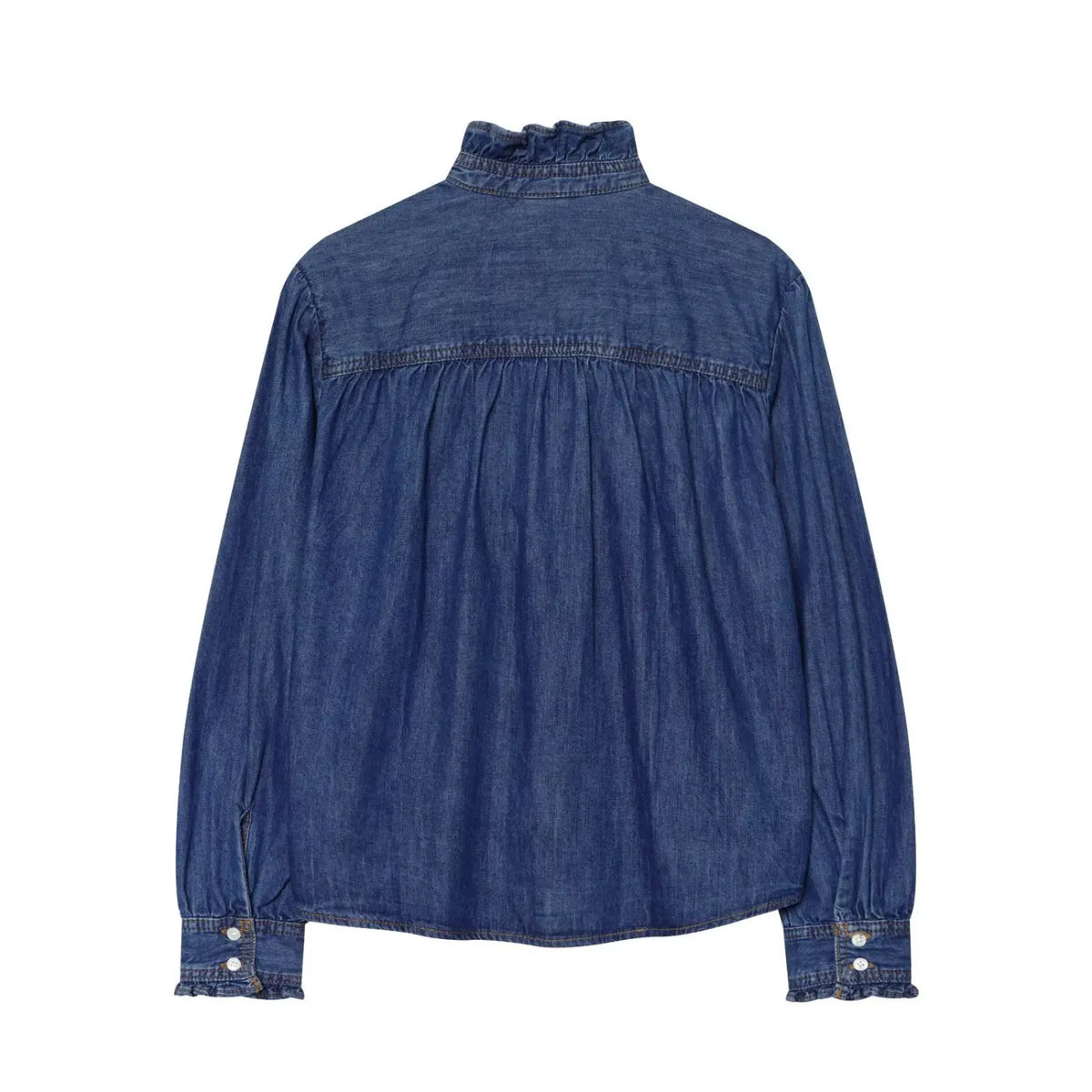 Back flat lay of blue denim shirt showing gathered back yoke