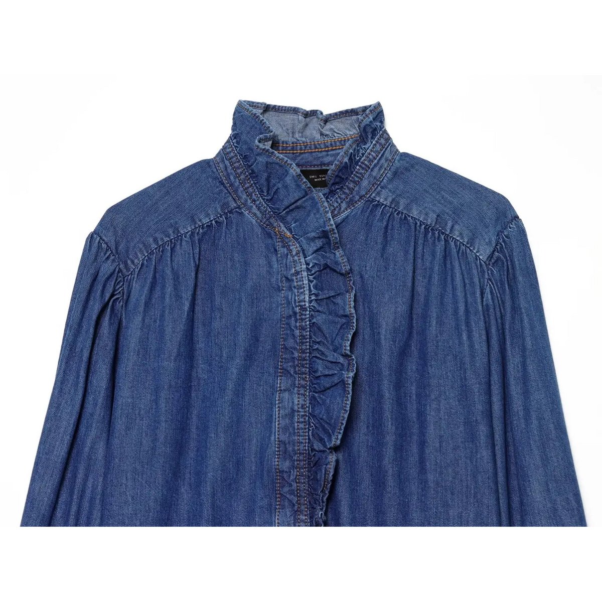 Close-up of ruffled stand collar and asymmetric ruffle placket