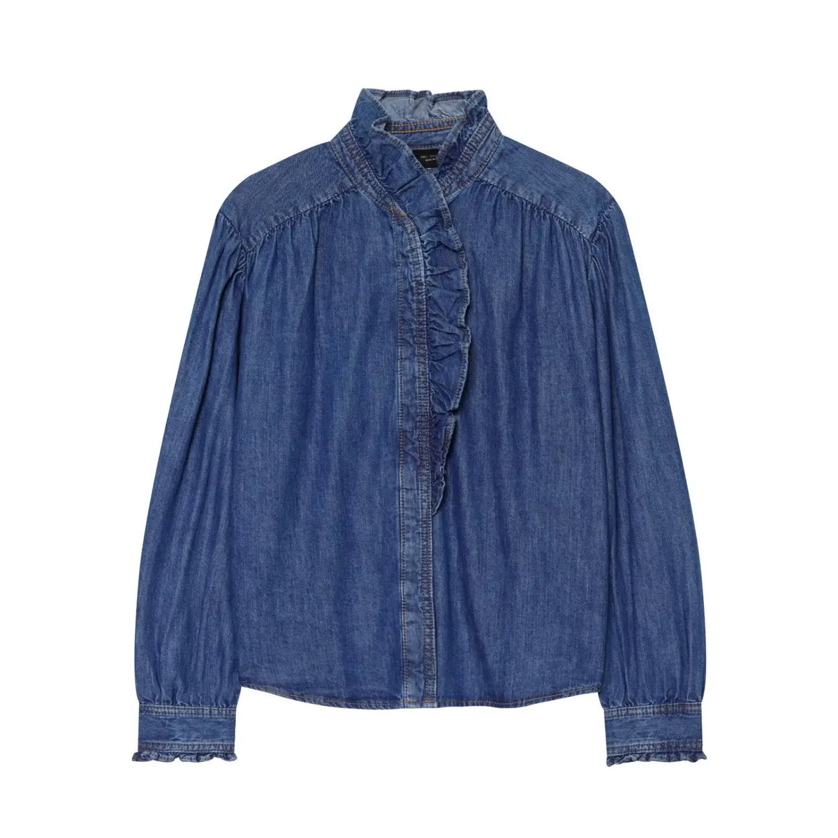 Front flat lay of medium blue washed denim shirt with ruffled stand collar