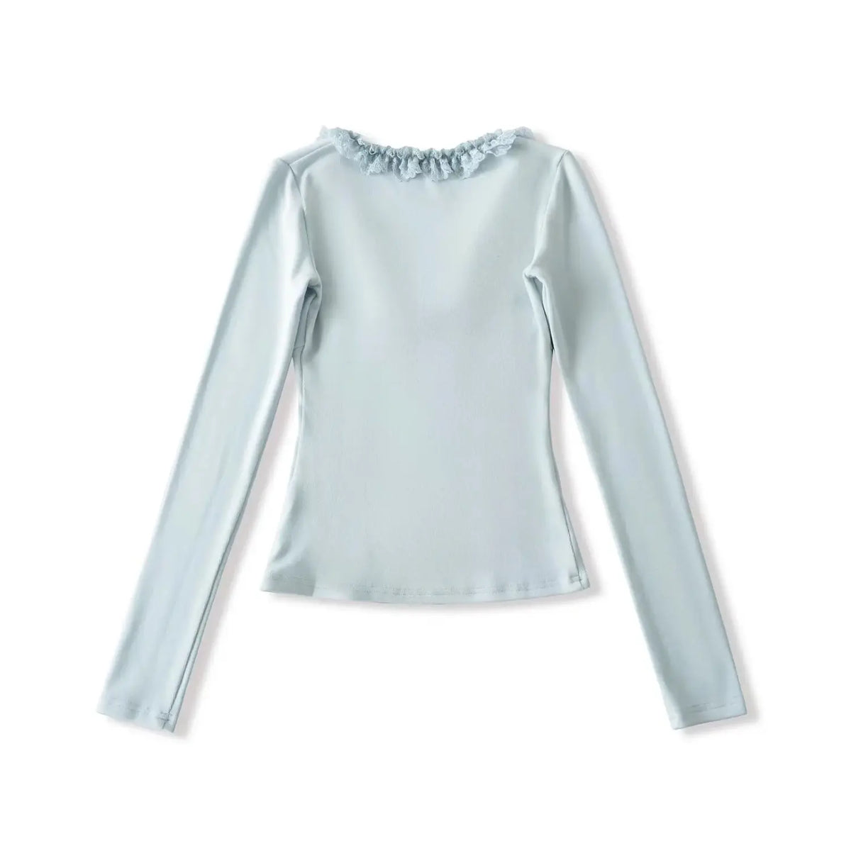 Back view of women blue long sleeve top, ruffle trim V-neck, plain back design, slim fitted silhouette