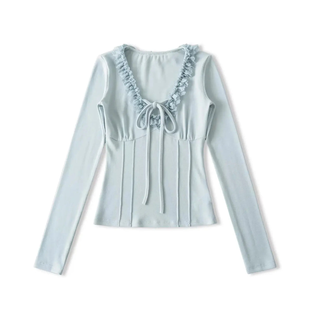 Women blue long sleeve top, ruffle trim V-neck, tie front detail, corset-inspired seam, slim fitted bodycon
