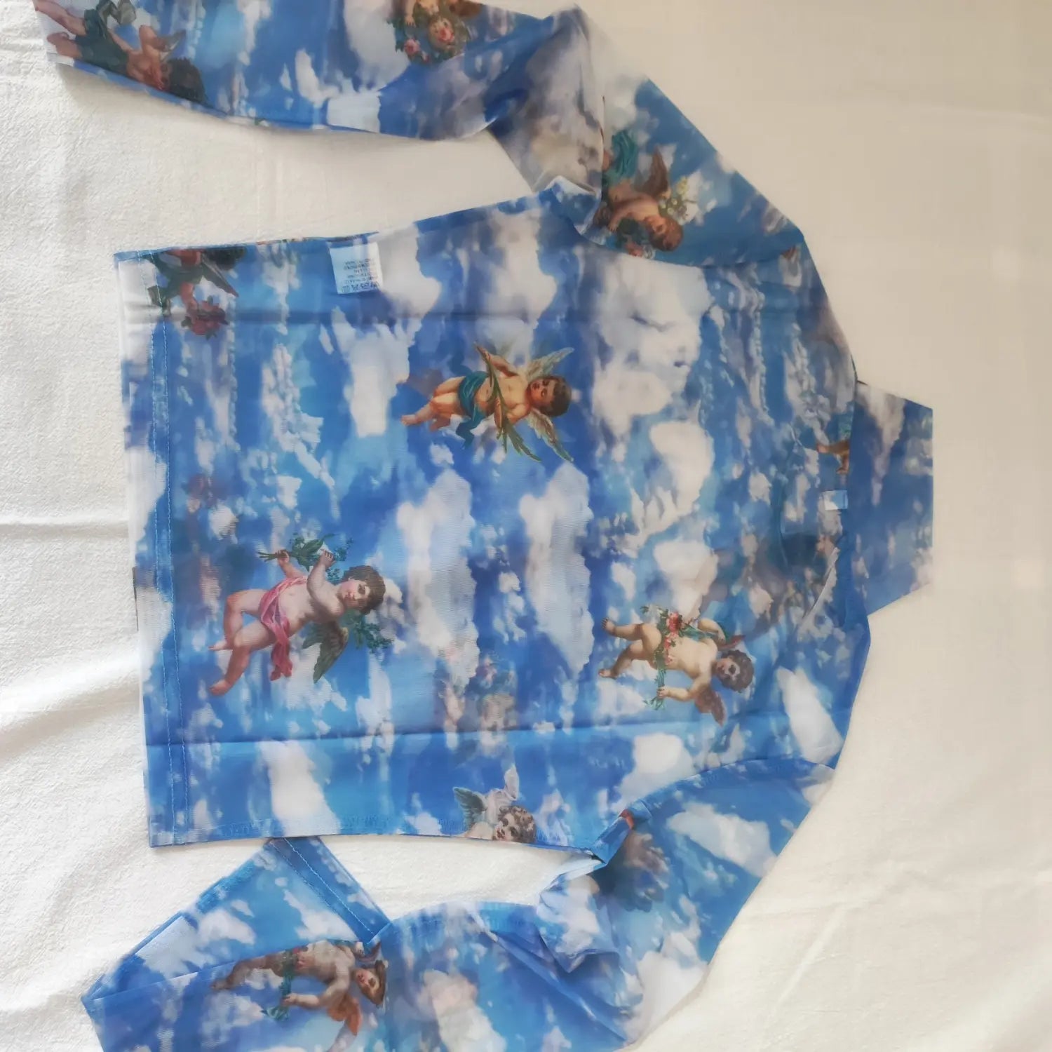 Flat lay back view blue sheer mesh high neck long sleeve top with full vintage cherub cloud print