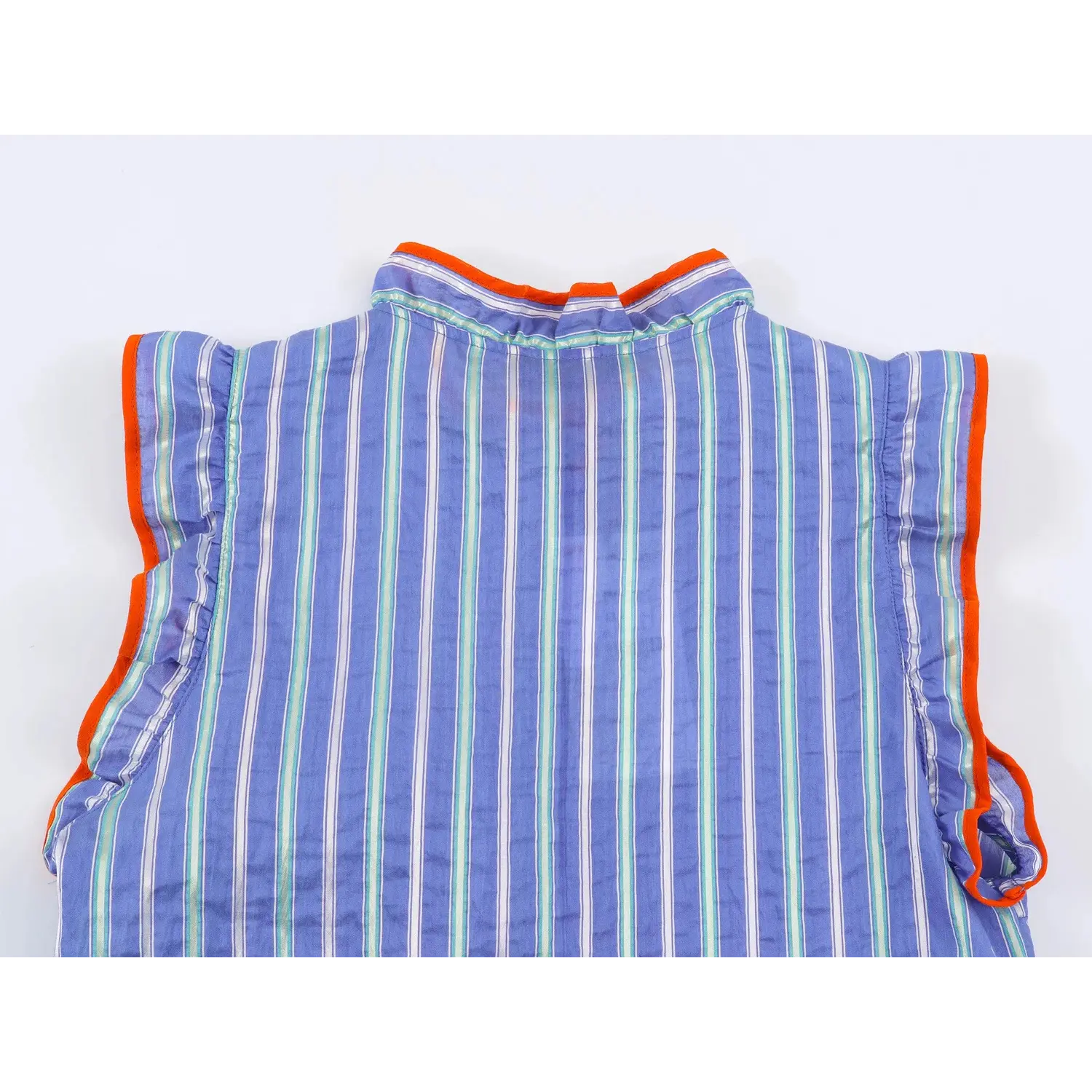 Back stand ruffle collar overview, full orange contrast piping trim, plain back vertical stripe fabric, neat back neck stitching