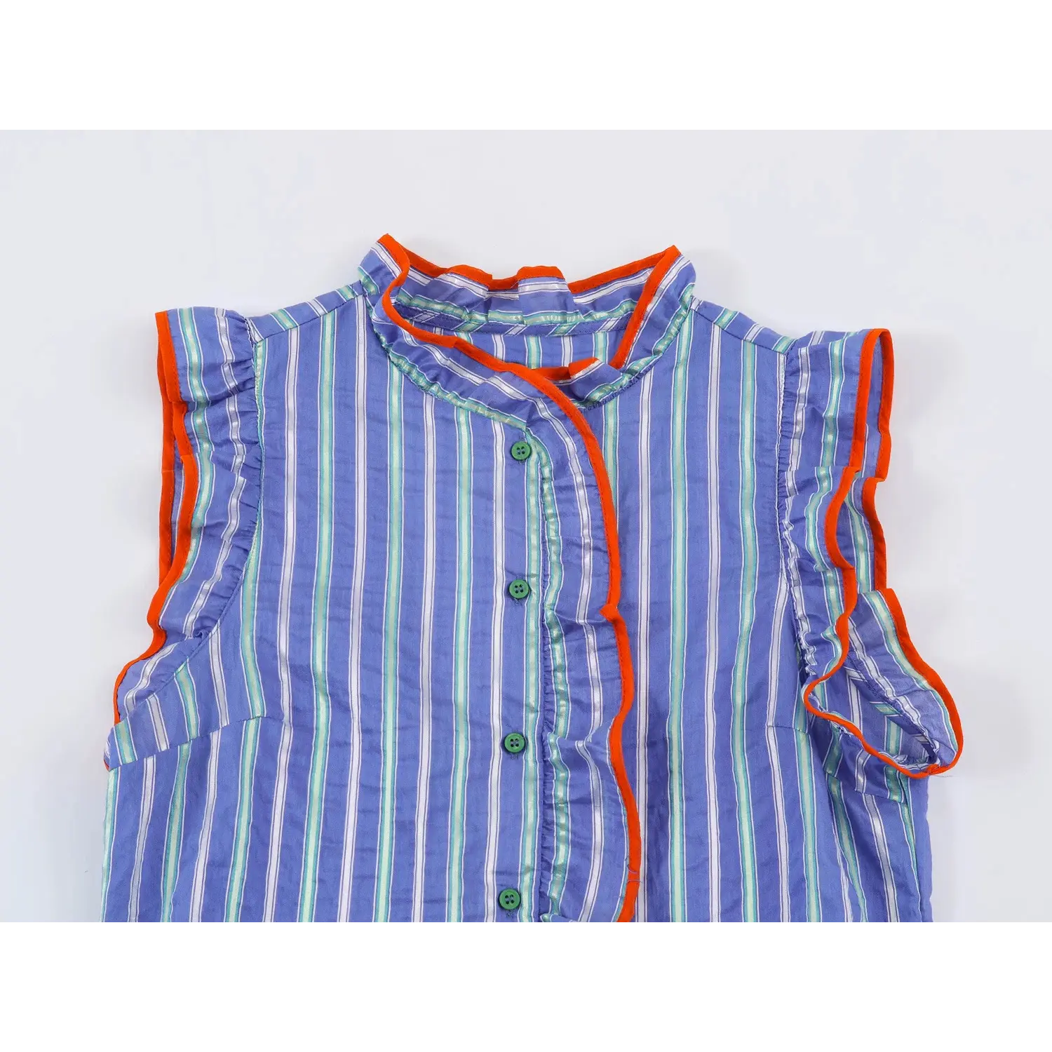 Inside front placket metal snap fastener close-up, orange piping edge binding, vertical stripe lightweight woven fabric