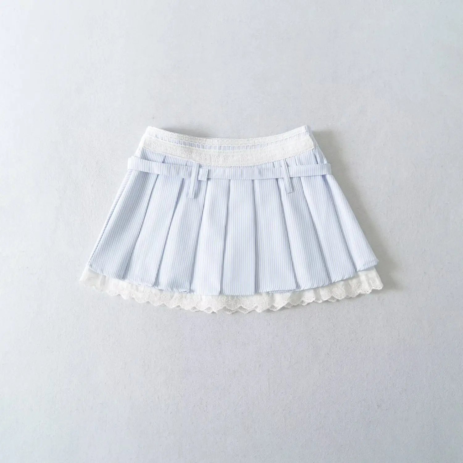 Blue stripe lace pleated mini skirt full flat lay white background shot, even neat pressed pleats full silhouette waist & hem lace overview display