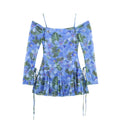 Flat lay back view of blue tropical floral off‑shoulder mini dress, back tie‑up closure, mesh long sleeves, tropical flower and monstera leaf print