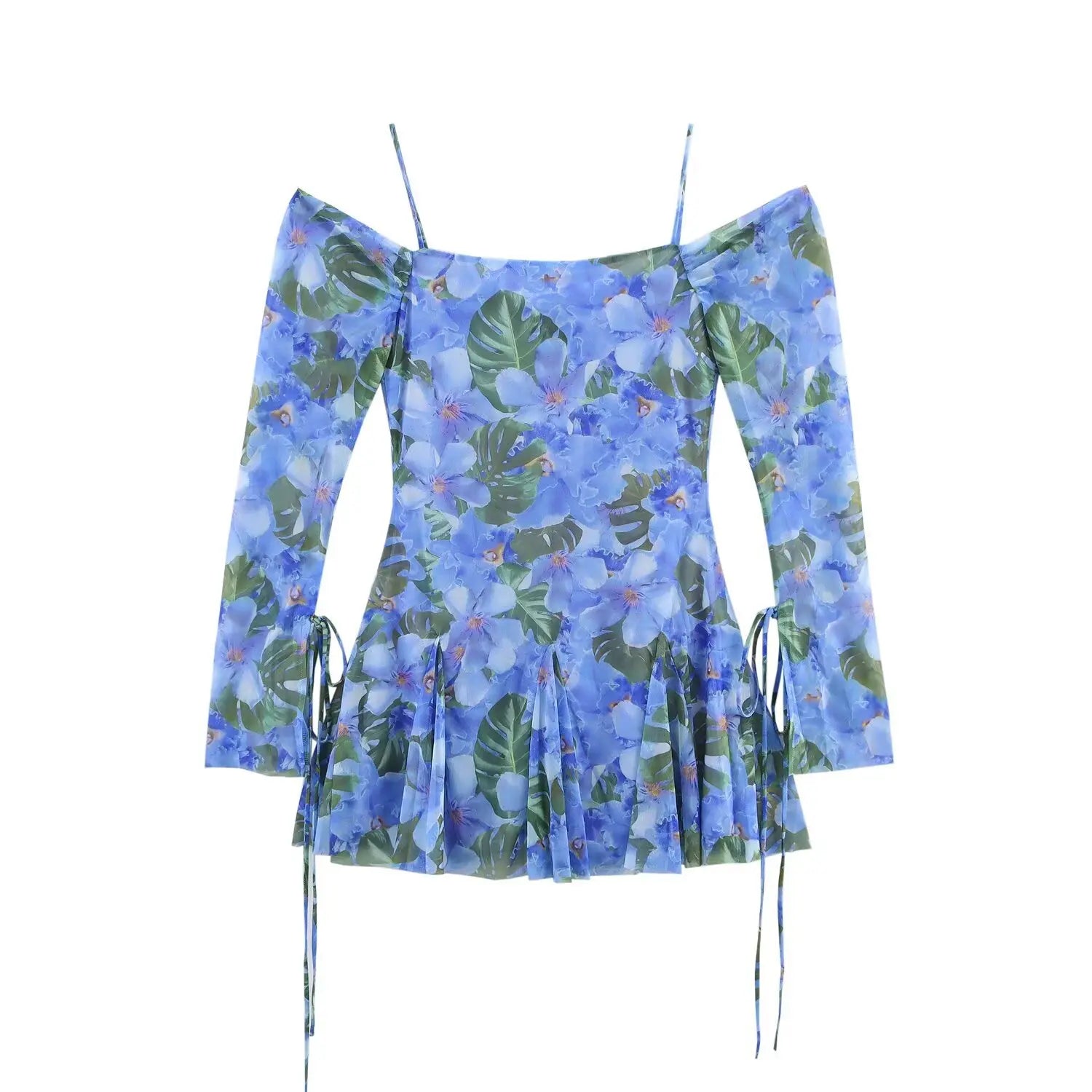 Flat lay back view of blue tropical floral off‑shoulder mini dress, back tie‑up closure, mesh long sleeves, tropical flower and monstera leaf print