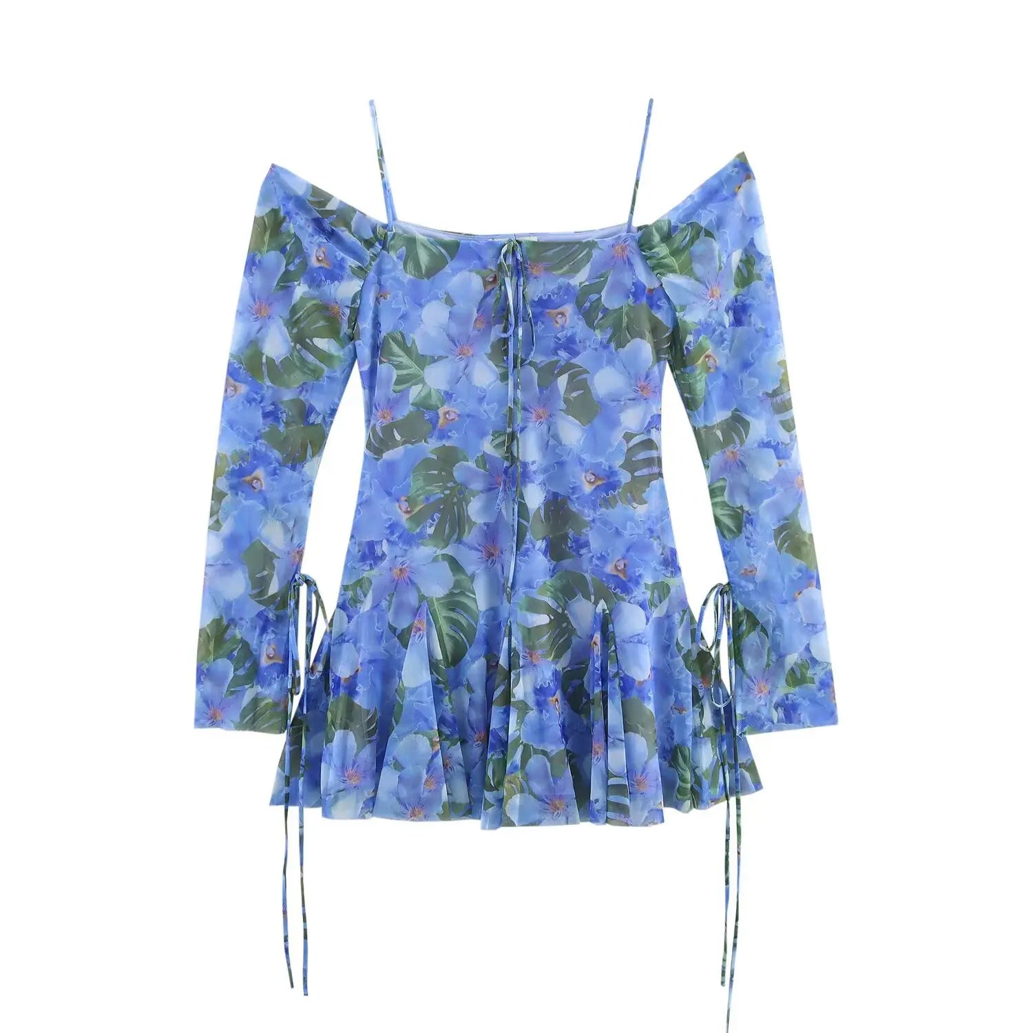 Flat lay front view of blue tropical floral off‑shoulder mini dress, thin spaghetti straps, long mesh sleeves, side drawstring tie details, flared ruffle hem