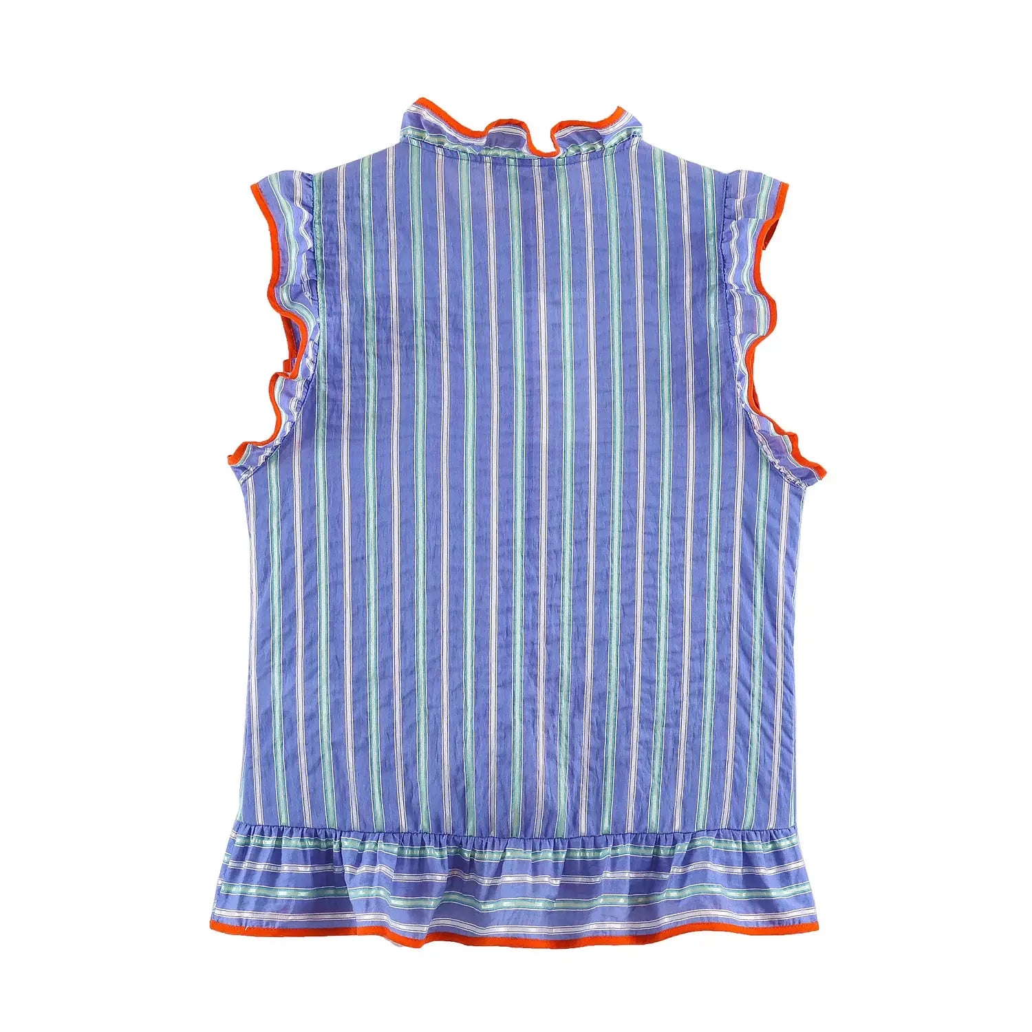 Full back flat view striped sleeveless top, solid back without placket, orange edge piping, ruffle stand collar, ruffle shoulder sleeves, layered ruffle hem
