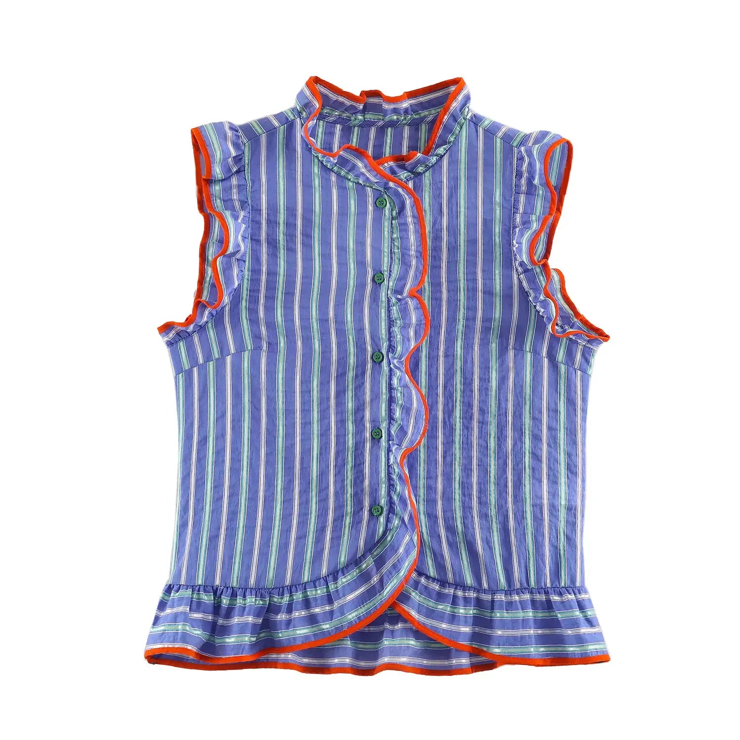 Full front flat lay sleeveless blouse, blue base vertical stripe print, orange contrast piping, ruffle stand collar, asymmetric ruffle placket, ruffle wing cuffs, ruffle peplum hem, green round buttons