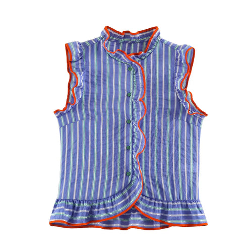 Full front flat lay sleeveless blouse, blue base vertical stripe print, orange contrast piping, ruffle stand collar, asymmetric ruffle placket, ruffle wing cuffs, ruffle peplum hem, green round buttons