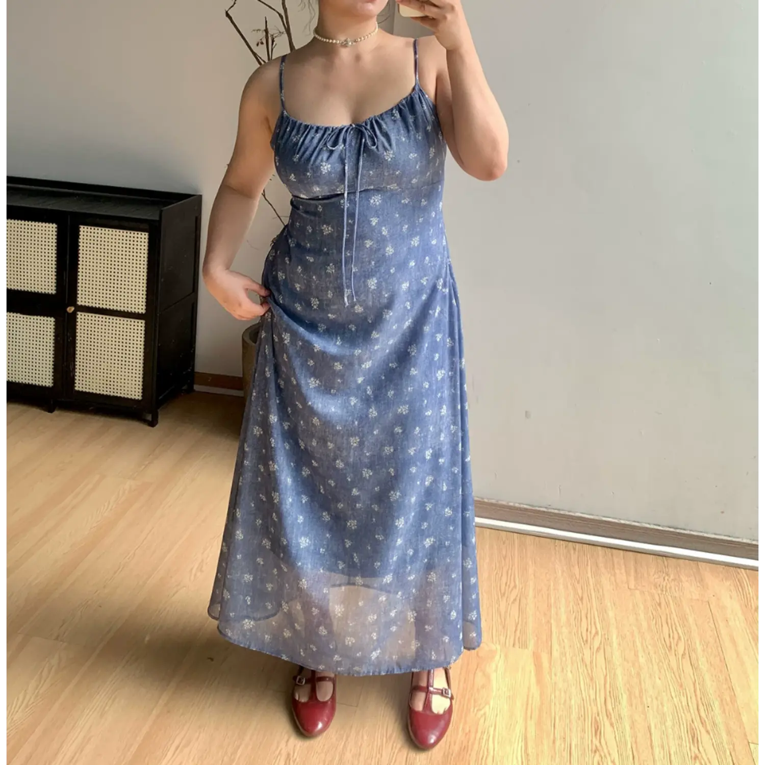 Plus Size Soft Denim Floral Maxi Slip Dress Flowy Casual Summer Cami Dress