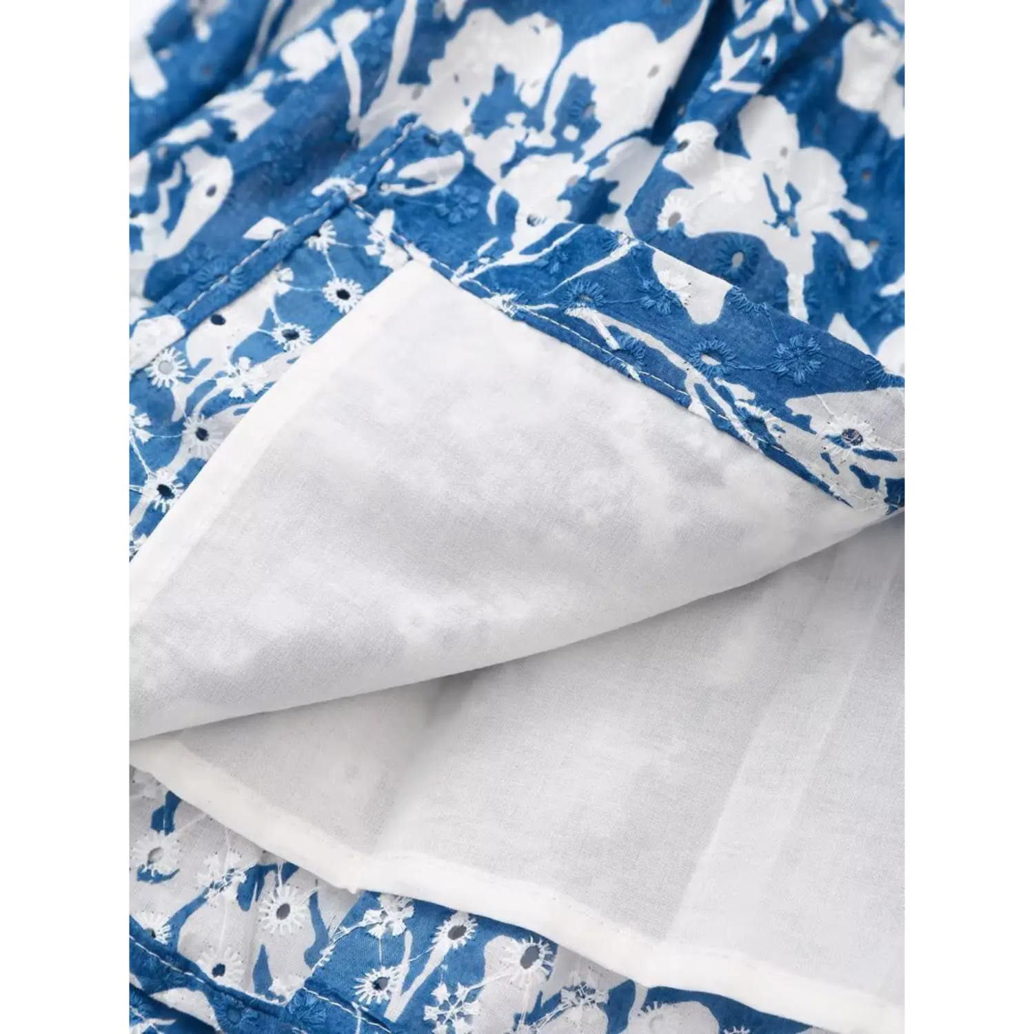 Close-up shot of the eyelet fabric and inner lining of the blue floral dress