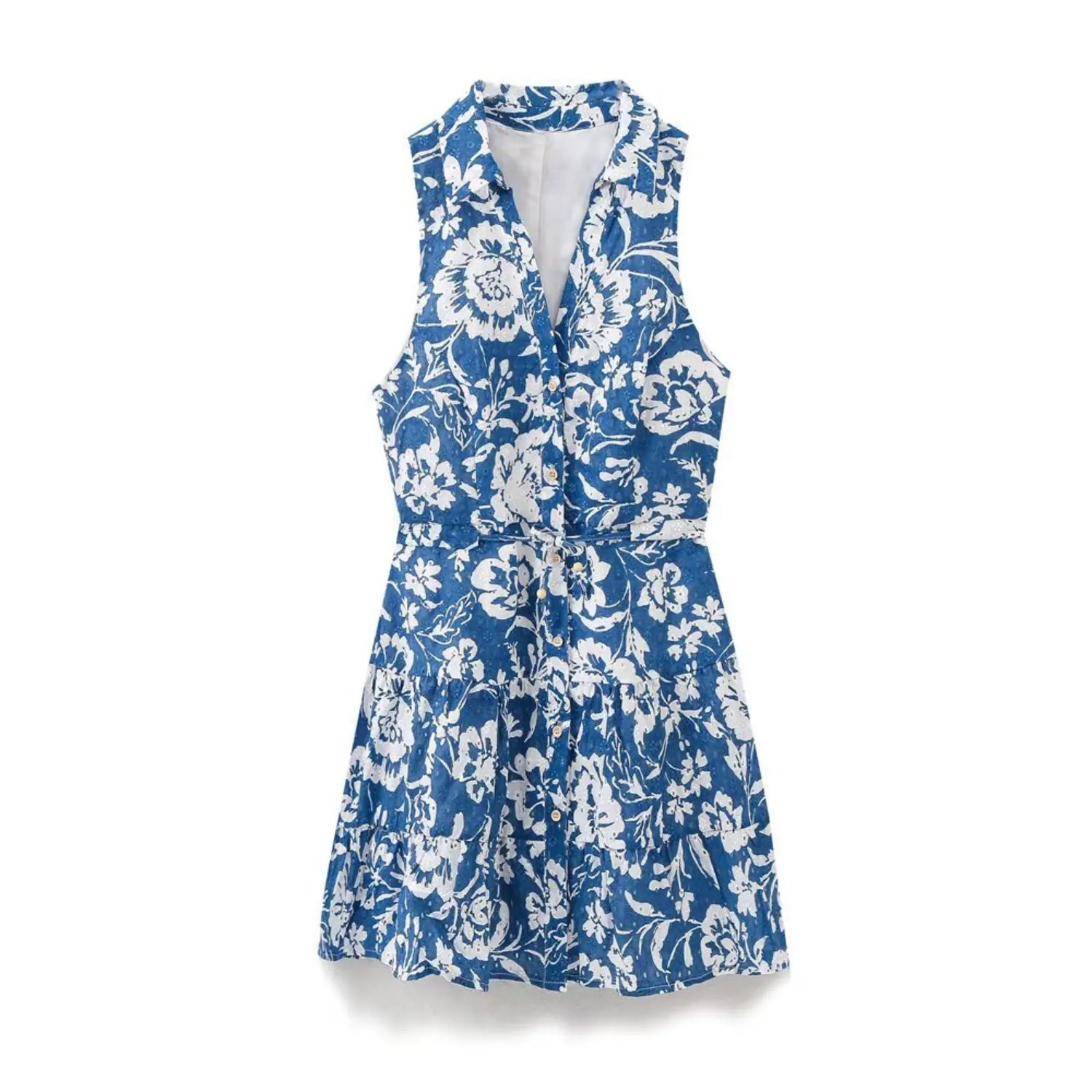  Full flat lay shot of the blue and white floral print sleeveless dress, showing the button front and tiered silhouette