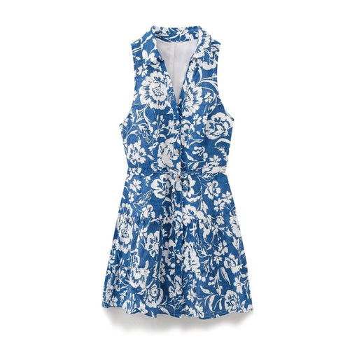  Full flat lay shot of the blue and white floral print sleeveless dress, showing the button front and tiered silhouette