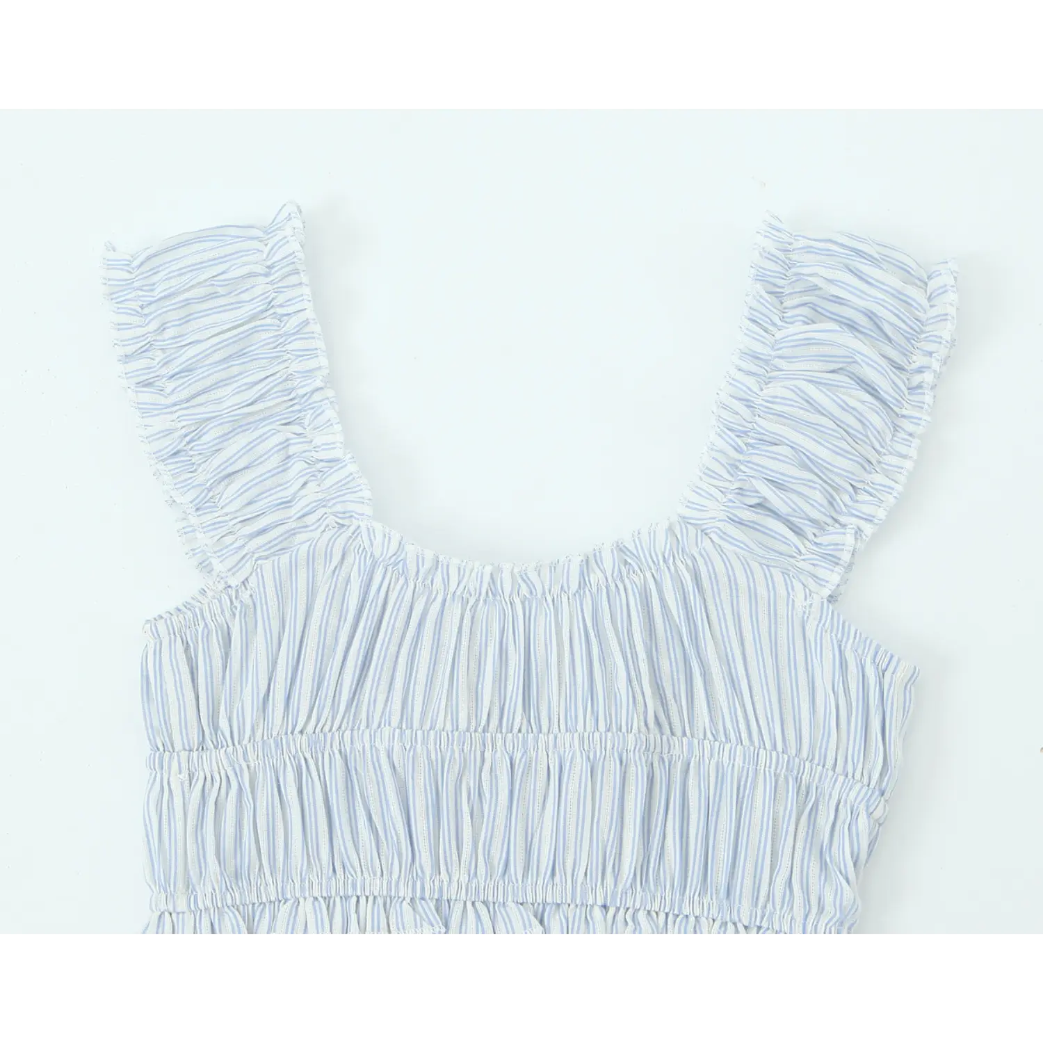 Flat lay shot of dress bodice, square neck, ruffle frilled shoulder straps, multi‑layer smocked shirred design, blue‑white stripe