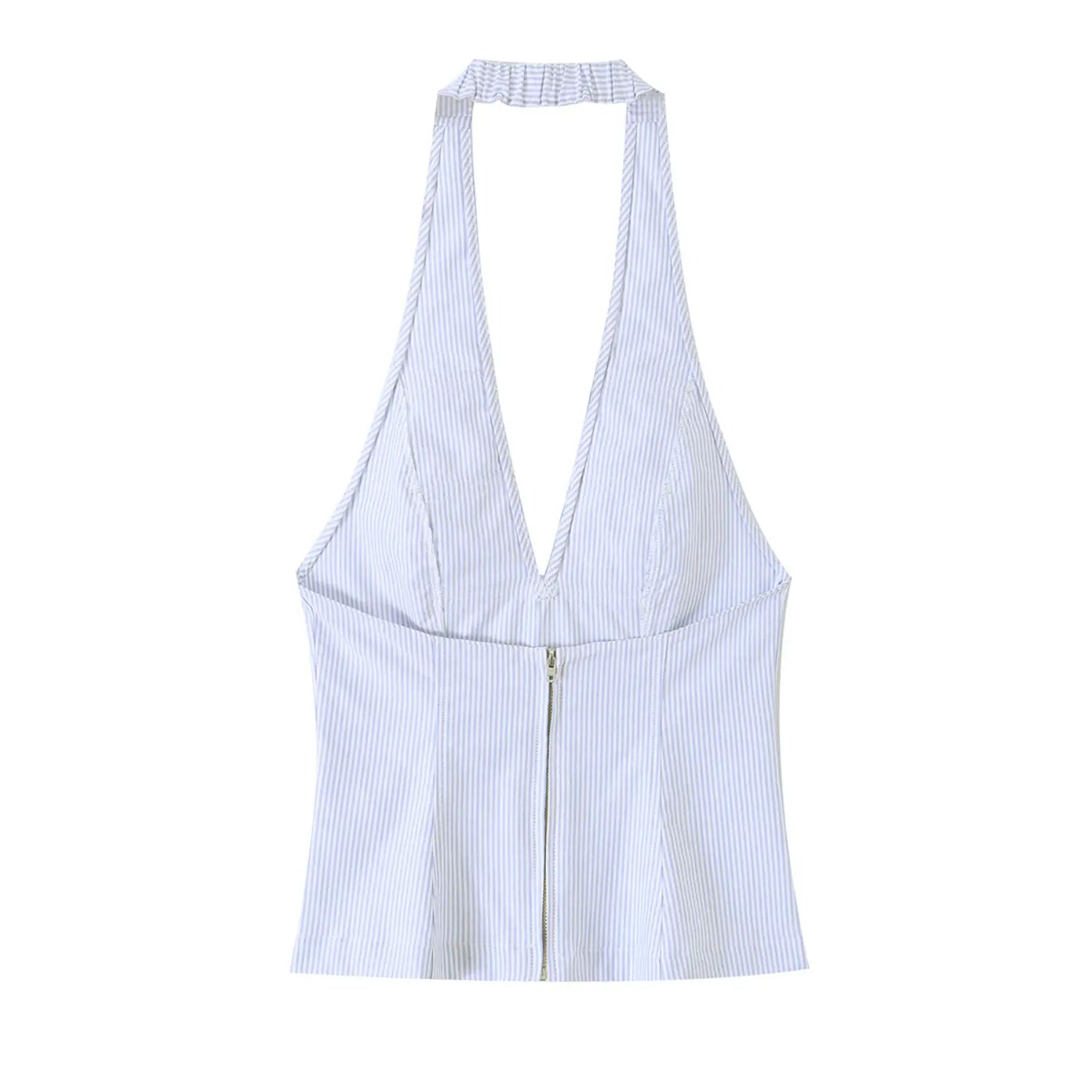 Back product shot, back zipper closure deep v striped halter cropped top
